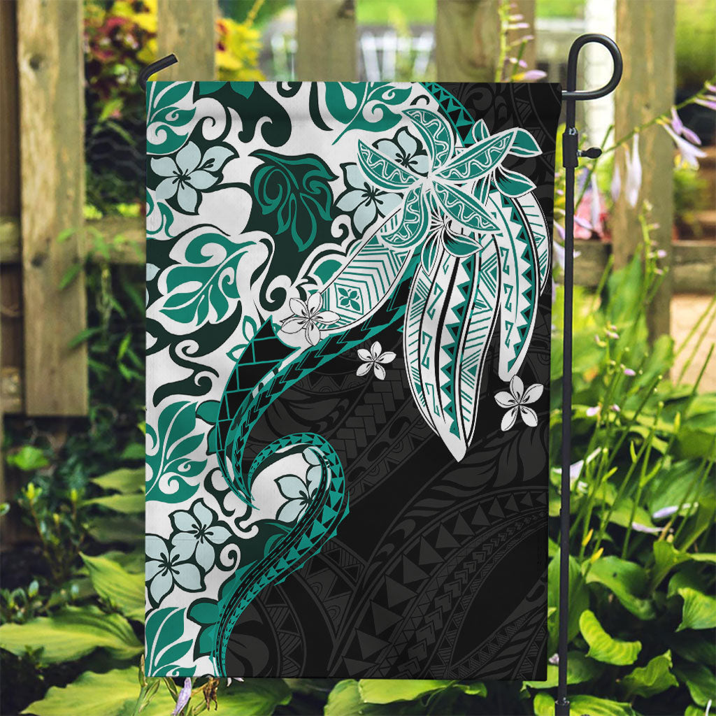Monstera Plumeria Flowers Teal Garden Flag Polynesian Pattern LT01 Garden Flag Teal - Polynesian Pride