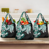 Monstera Plumeria Flowers Teal Grocery Bag Polynesian Pattern