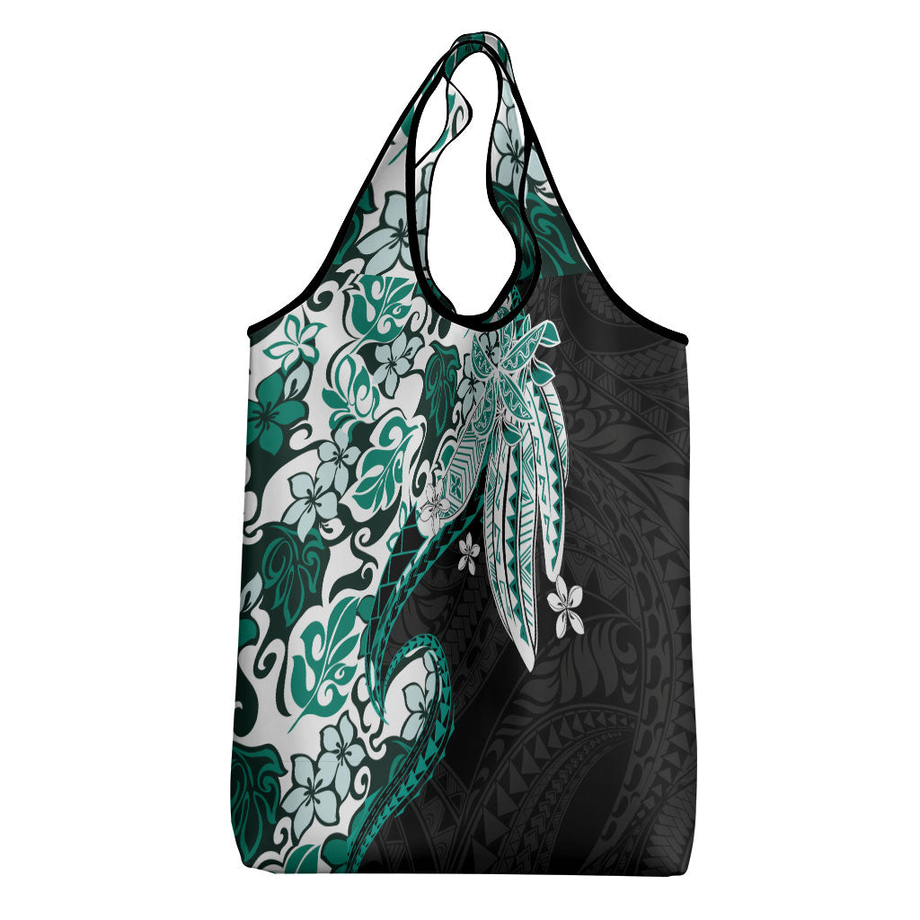 Monstera Plumeria Flowers Teal Grocery Bag Polynesian Pattern