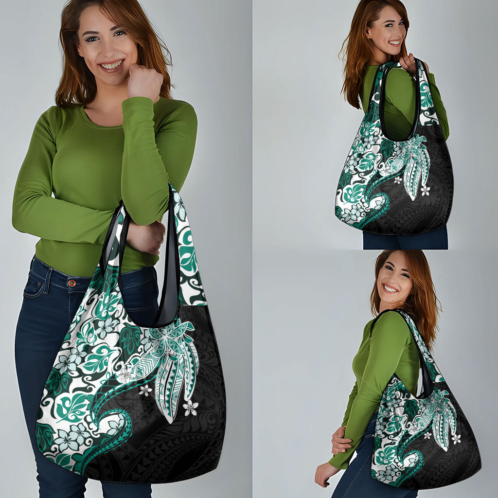 Monstera Plumeria Flowers Teal Grocery Bag Polynesian Pattern