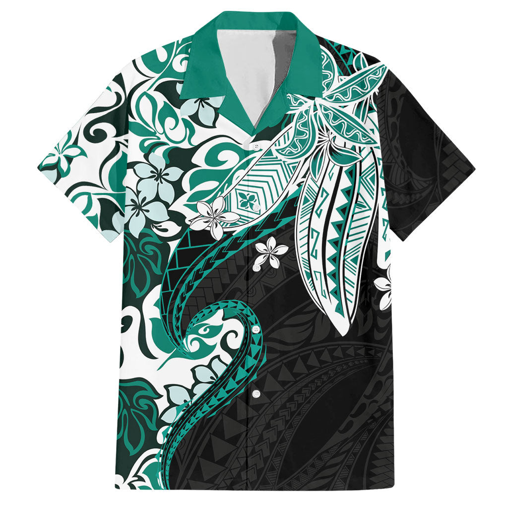 Monstera Plumeria Flowers Teal Hawaiian Shirt Polynesian Pattern