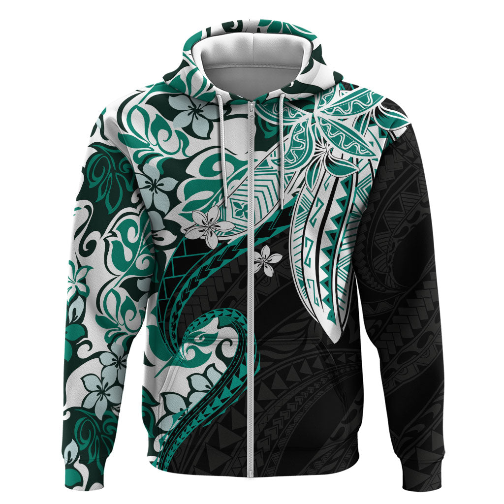 Monstera Plumeria Flowers Teal Hoodie Polynesian Pattern LT01 Zip Hoodie Teal - Polynesian Pride