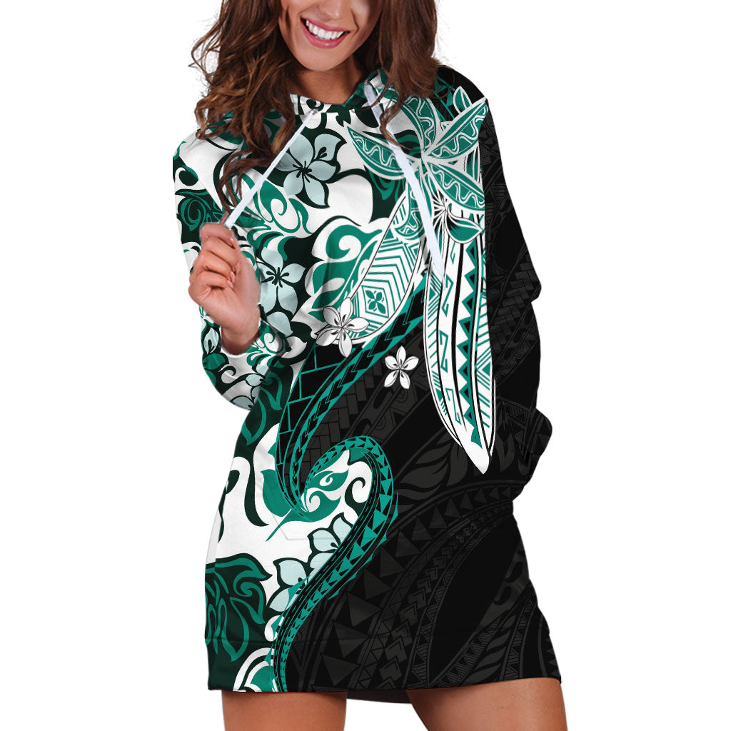 Monstera Plumeria Flowers Teal Hoodie Dress Polynesian Pattern LT01 Teal - Polynesian Pride