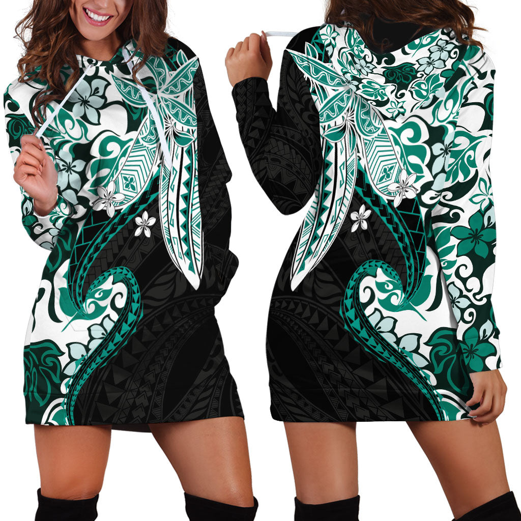 Monstera Plumeria Flowers Teal Hoodie Dress Polynesian Pattern LT01 - Polynesian Pride