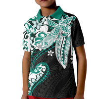 Monstera Plumeria Flowers Teal Kid Polo Shirt Polynesian Pattern