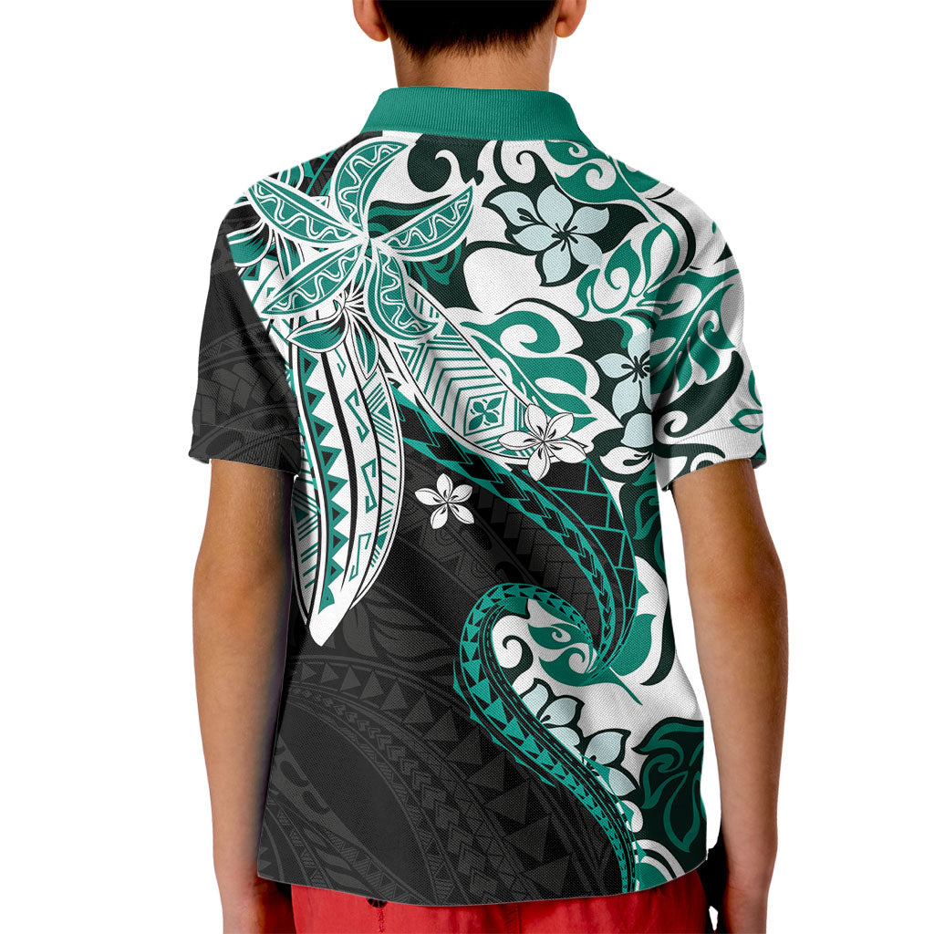 Monstera Plumeria Flowers Teal Kid Polo Shirt Polynesian Pattern