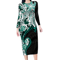 Monstera Plumeria Flowers Teal Long Sleeve Bodycon Dress Polynesian Pattern LT01 Long Dress Teal - Polynesian Pride