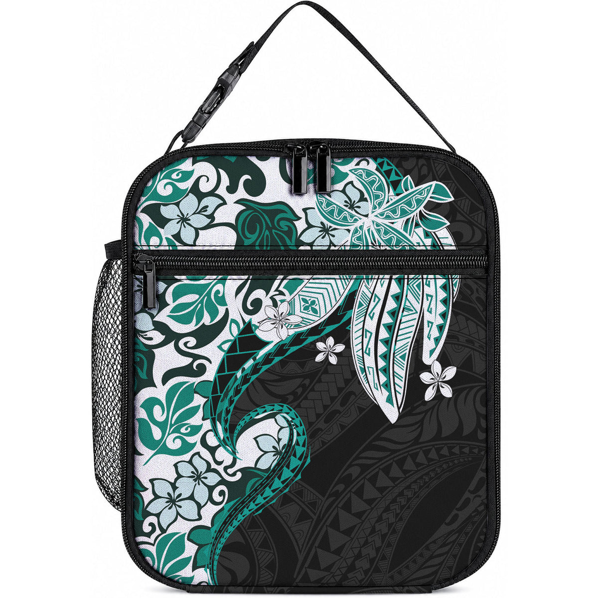 Monstera Plumeria Flowers Teal Lunch Bag Polynesian Pattern