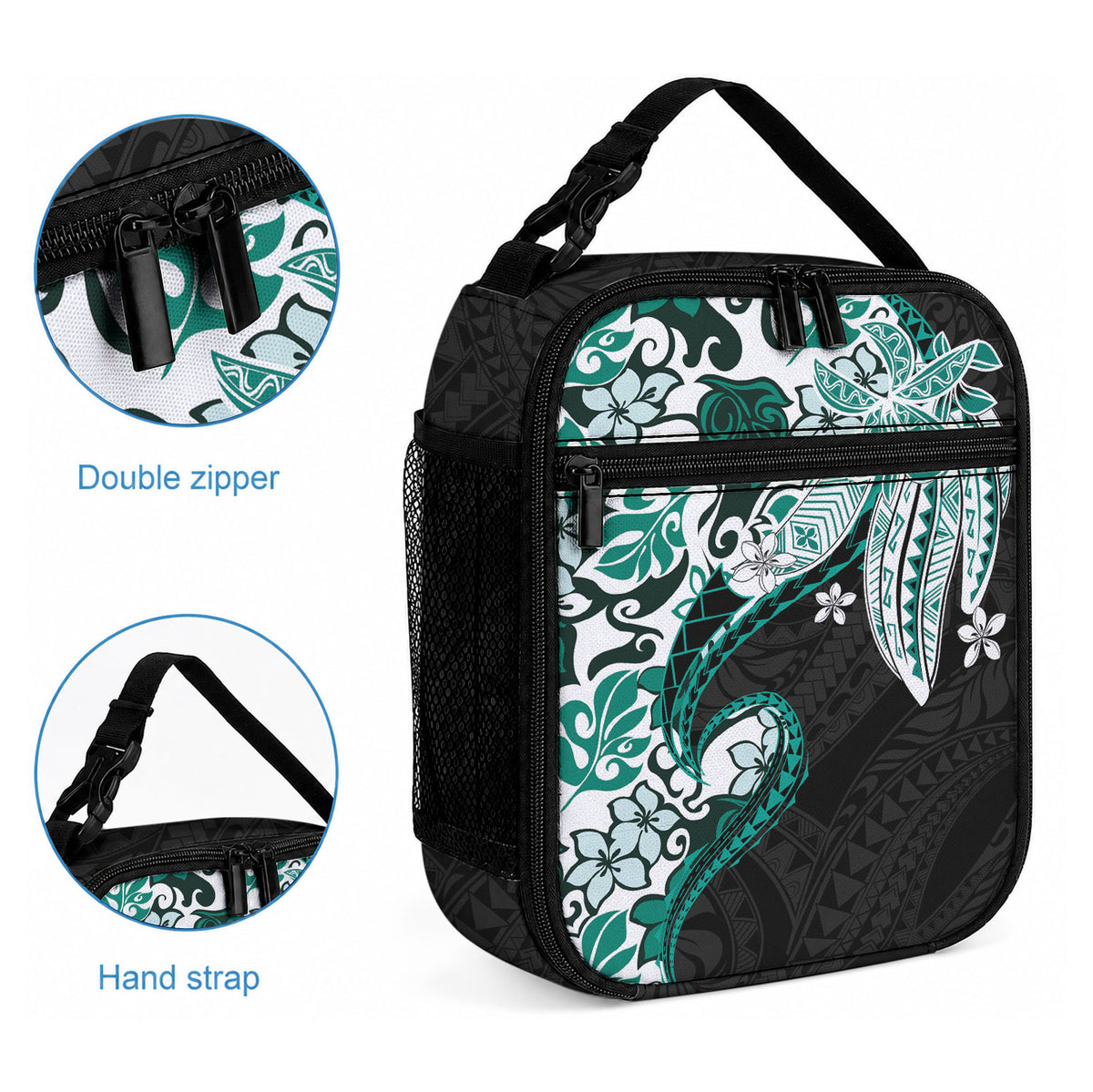 Monstera Plumeria Flowers Teal Lunch Bag Polynesian Pattern