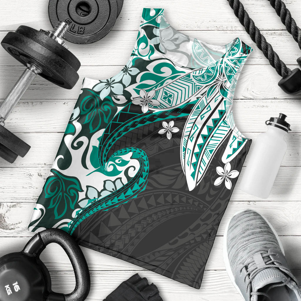 Monstera Plumeria Flowers Teal Men Tank Top Polynesian Pattern