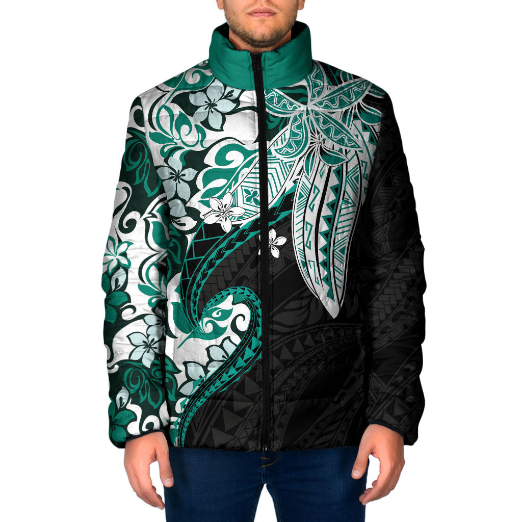 Monstera Plumeria Flowers Teal Padded Jacket Polynesian Pattern