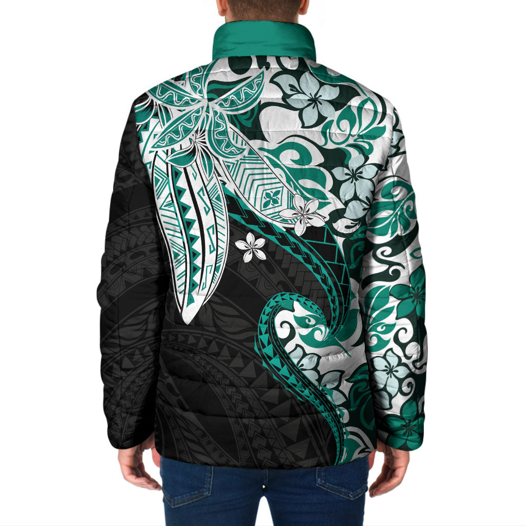Monstera Plumeria Flowers Teal Padded Jacket Polynesian Pattern