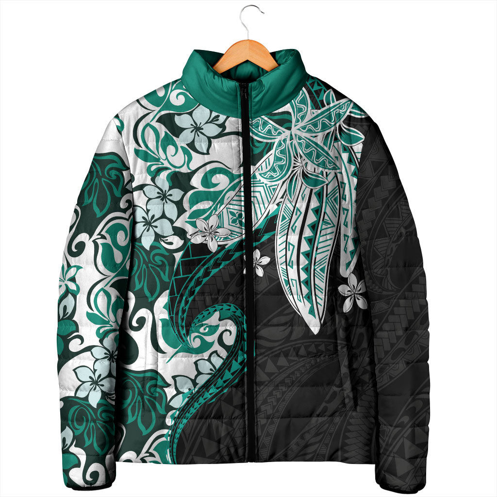 Monstera Plumeria Flowers Teal Padded Jacket Polynesian Pattern