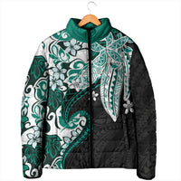 Monstera Plumeria Flowers Teal Padded Jacket Polynesian Pattern