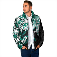 Monstera Plumeria Flowers Teal Padded Jacket Polynesian Pattern