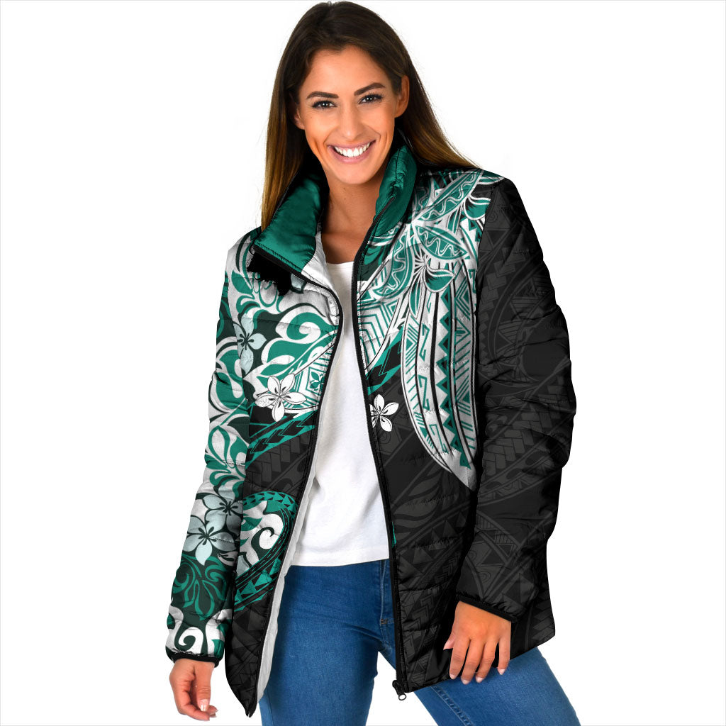 Monstera Plumeria Flowers Teal Padded Jacket Polynesian Pattern