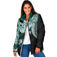 Monstera Plumeria Flowers Teal Padded Jacket Polynesian Pattern