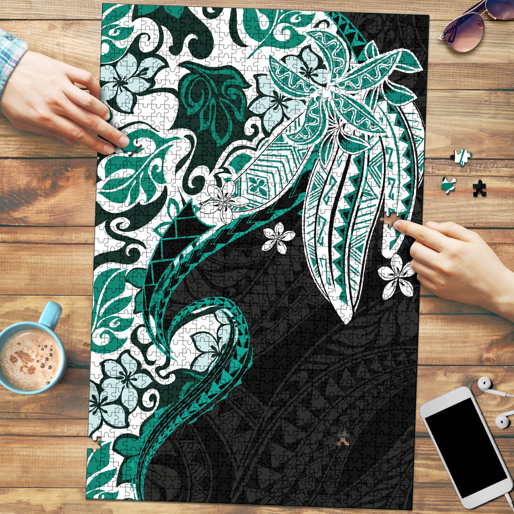 Monstera Plumeria Flowers Teal Puzzle Polynesian Pattern