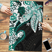 Monstera Plumeria Flowers Teal Puzzle Polynesian Pattern