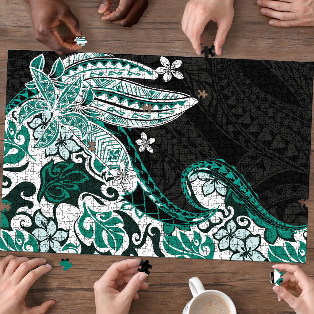Monstera Plumeria Flowers Teal Puzzle Polynesian Pattern