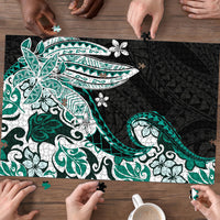 Monstera Plumeria Flowers Teal Puzzle Polynesian Pattern