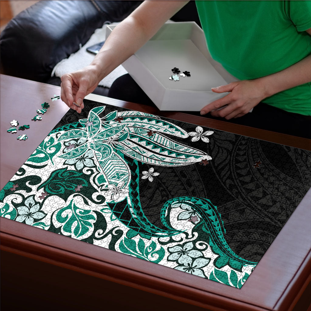 Monstera Plumeria Flowers Teal Puzzle Polynesian Pattern