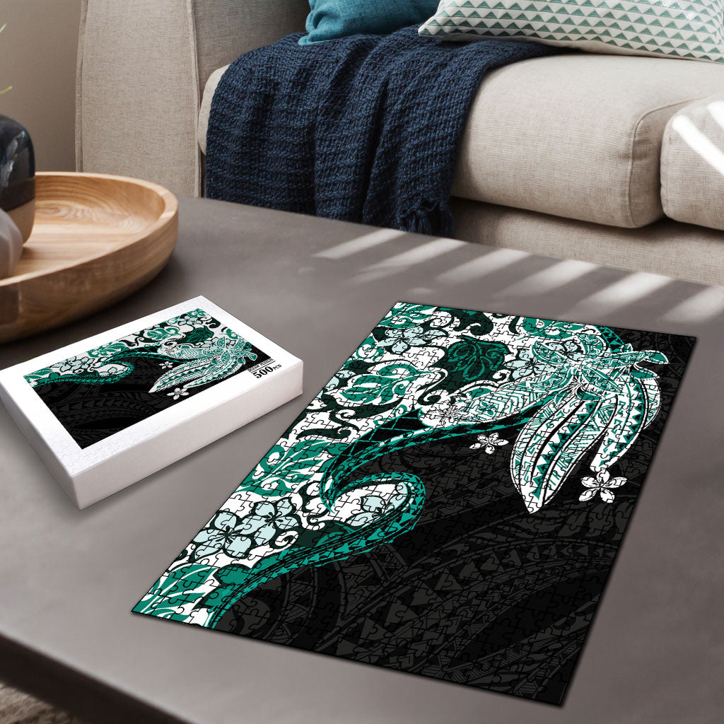Monstera Plumeria Flowers Teal Puzzle Polynesian Pattern