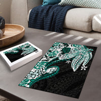 Monstera Plumeria Flowers Teal Puzzle Polynesian Pattern