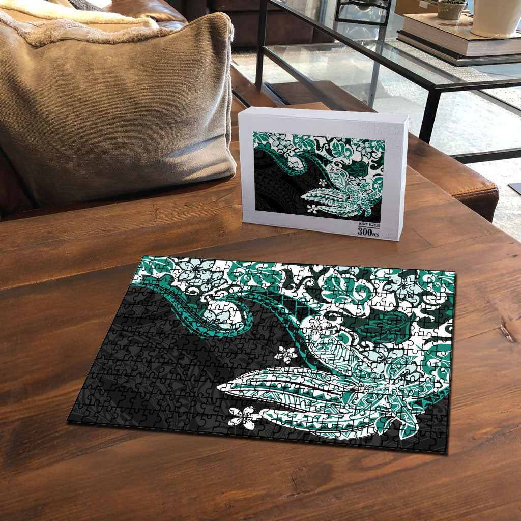 Monstera Plumeria Flowers Teal Puzzle Polynesian Pattern