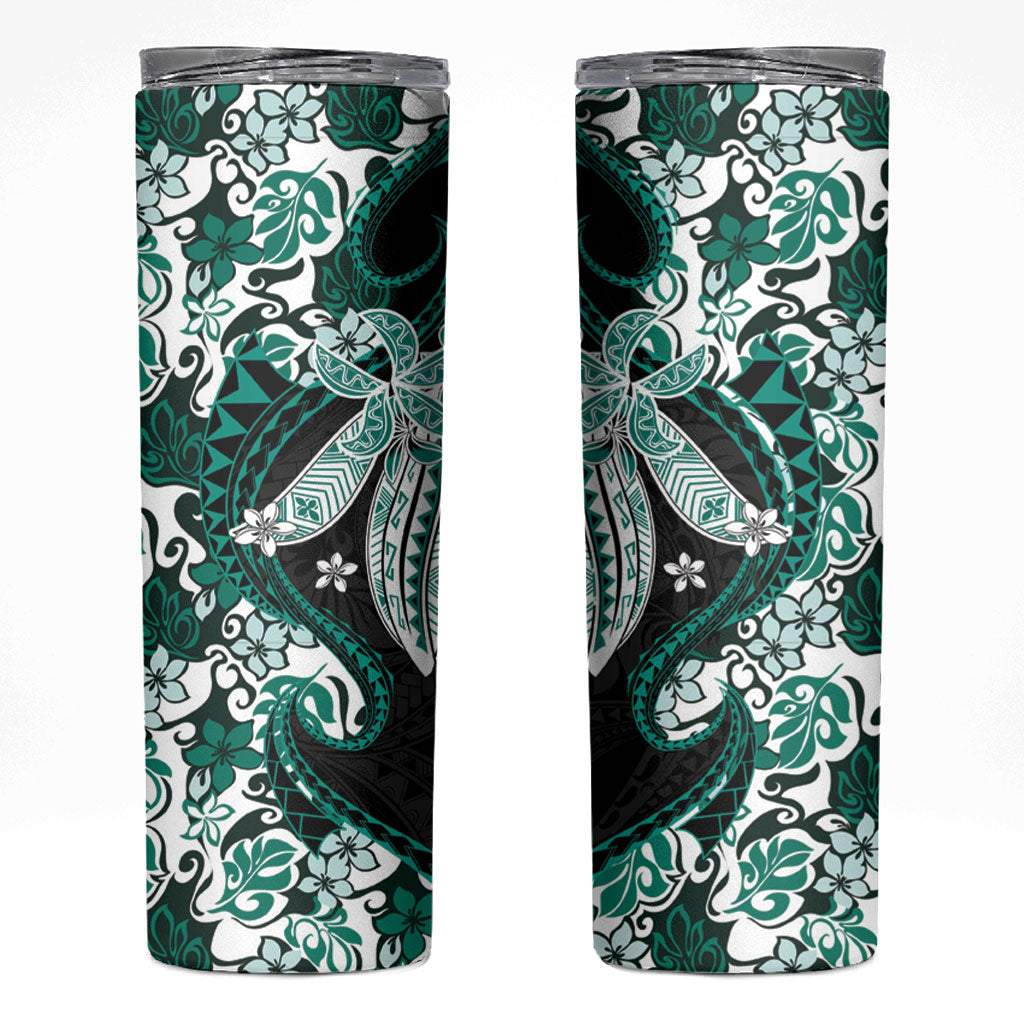 Monstera Plumeria Flowers Teal Skinny Tumbler Polynesian Pattern LT01 Teal - Polynesian Pride