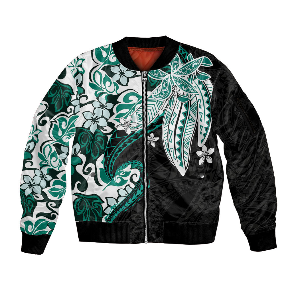 Monstera Plumeria Flowers Teal Sleeve Zip Bomber Jacket Polynesian Pattern