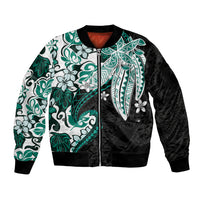 Monstera Plumeria Flowers Teal Sleeve Zip Bomber Jacket Polynesian Pattern