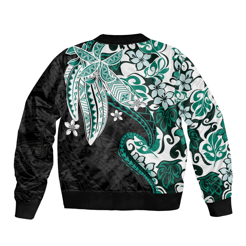Monstera Plumeria Flowers Teal Sleeve Zip Bomber Jacket Polynesian Pattern