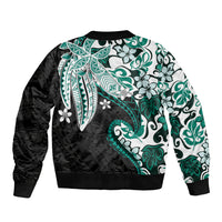 Monstera Plumeria Flowers Teal Sleeve Zip Bomber Jacket Polynesian Pattern