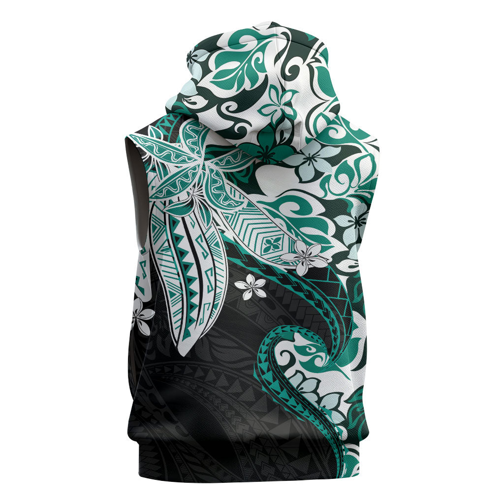 Monstera Plumeria Flowers Teal Sleeveless Hoodie Polynesian Pattern LT01 - Polynesian Pride