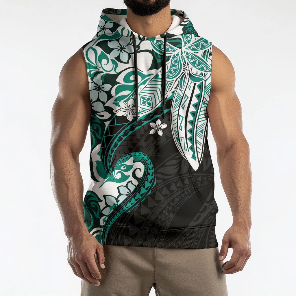 Monstera Plumeria Flowers Teal Sleeveless Hoodie Polynesian Pattern LT01 - Polynesian Pride