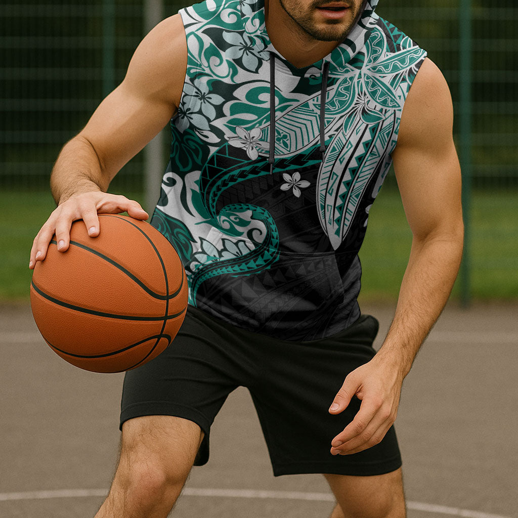 Monstera Plumeria Flowers Teal Sleeveless Hoodie Polynesian Pattern LT01 - Polynesian Pride