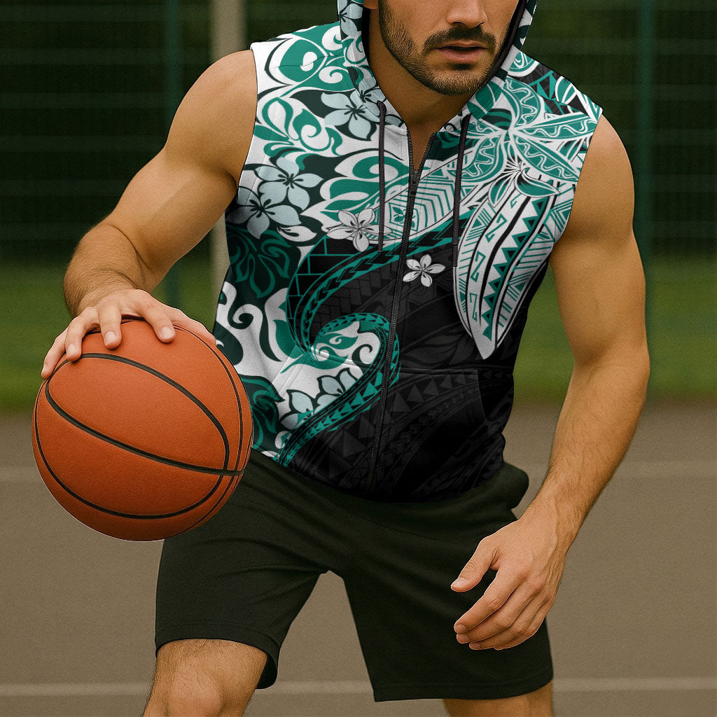 Monstera Plumeria Flowers Teal Sleeveless Zip Hoodie Polynesian Pattern LT01 - Polynesian Pride