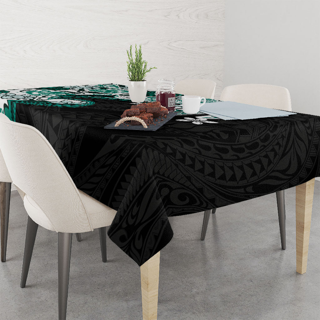 Monstera Plumeria Flowers Teal Tablecloth Polynesian Pattern