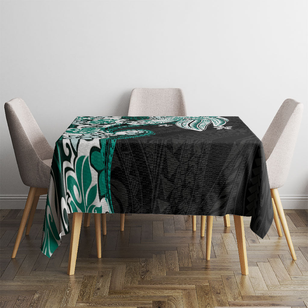 Monstera Plumeria Flowers Teal Tablecloth Polynesian Pattern