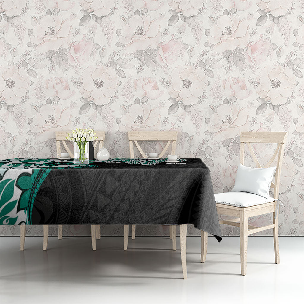 Monstera Plumeria Flowers Teal Tablecloth Polynesian Pattern