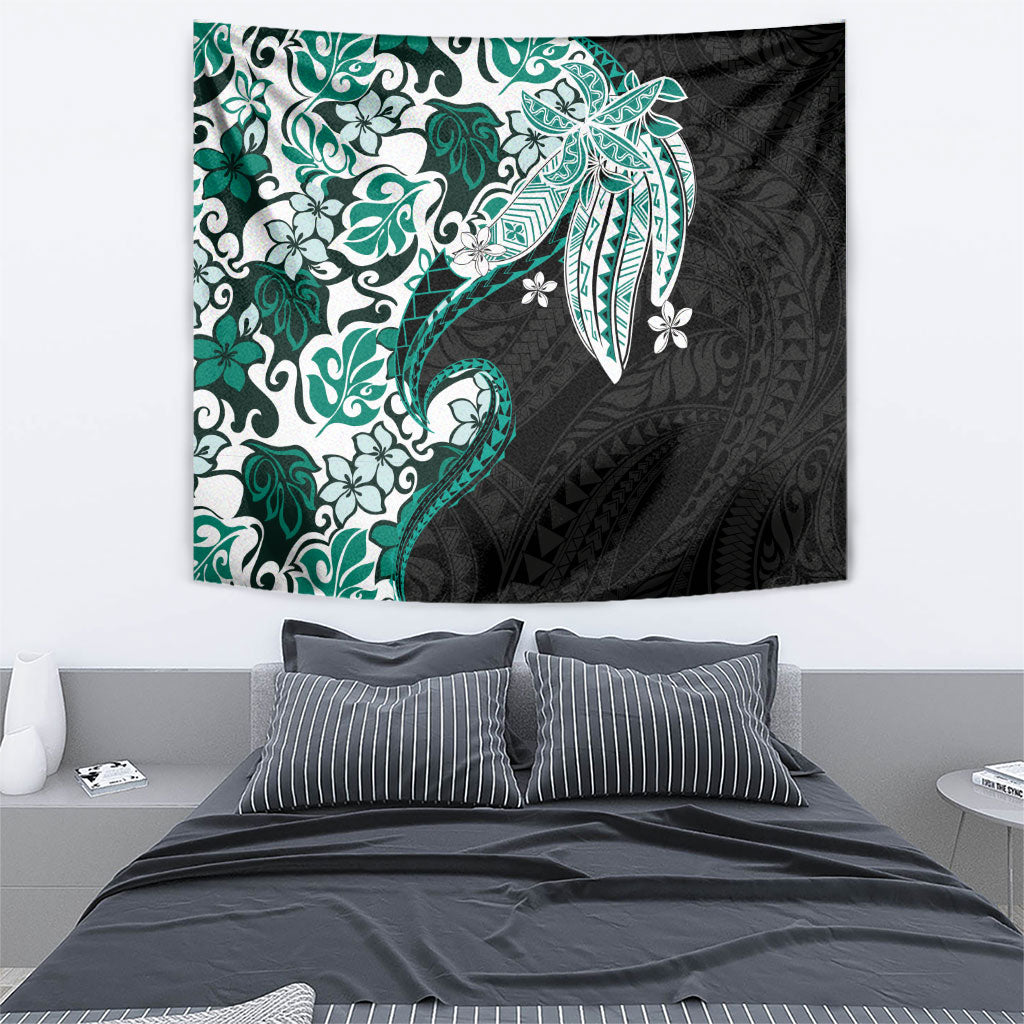 Monstera Plumeria Flowers Teal Tapestry Polynesian Pattern