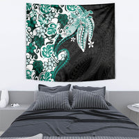 Monstera Plumeria Flowers Teal Tapestry Polynesian Pattern