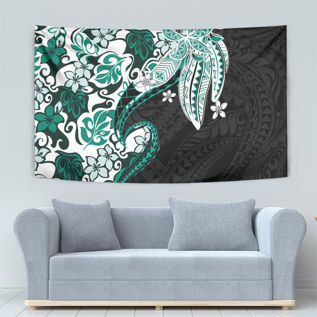 Monstera Plumeria Flowers Teal Tapestry Polynesian Pattern