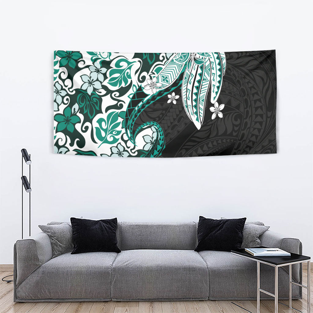 Monstera Plumeria Flowers Teal Tapestry Polynesian Pattern