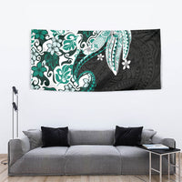 Monstera Plumeria Flowers Teal Tapestry Polynesian Pattern