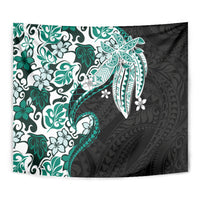 Monstera Plumeria Flowers Teal Tapestry Polynesian Pattern