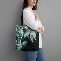 Monstera Plumeria Flowers Teal Tote Bag Polynesian Pattern