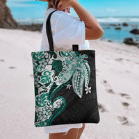 Monstera Plumeria Flowers Teal Tote Bag Polynesian Pattern