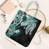 Monstera Plumeria Flowers Teal Tote Bag Polynesian Pattern